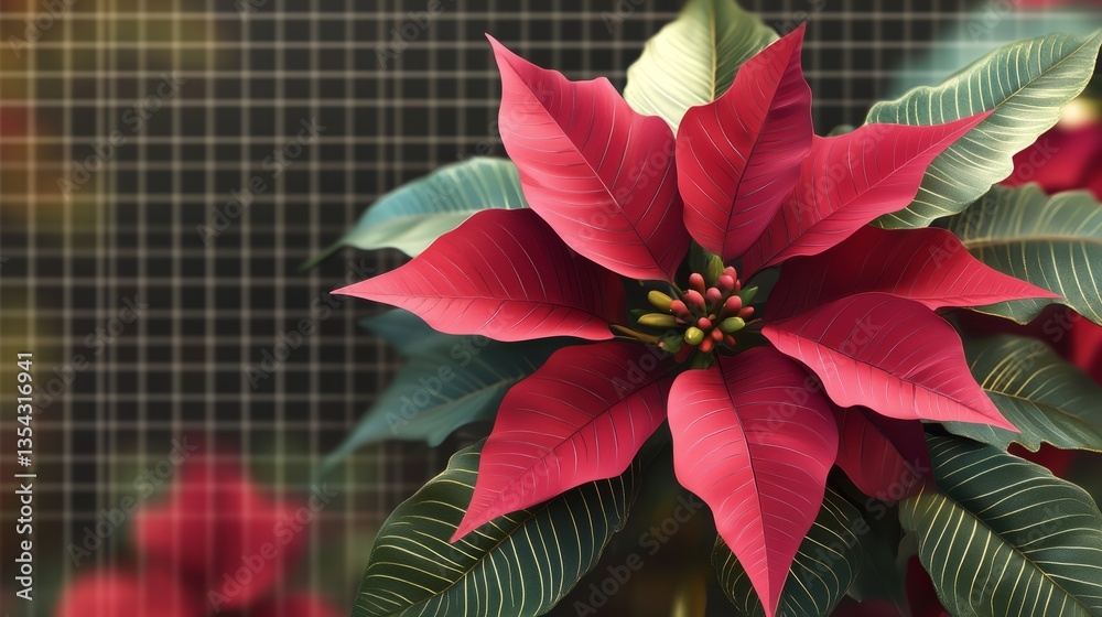 Obraz premium Elegant poinsettia with deep crimson petals and glossy green leaves, displayed on transparent background, smooth and polished textures, crisp focus, clean lines, and festive and decorative design.
