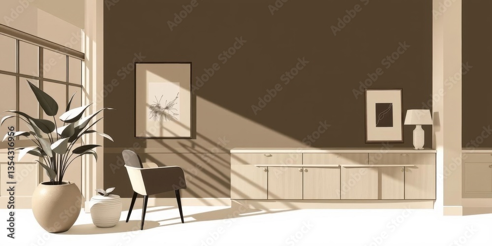 Obraz premium Sunlit Modern Living Room Interior Design Minimalist Beige Brown Decor