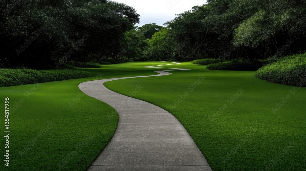 Serene pathway meandering through lush greenery. A paved walkway winds through a vibrant, well-maintained lawn, bordered by dense trees and shrubs. Serene pathway meandering through lush greenery. A paved walkway winds through a vibrant, well-maintained lawn, bordered by dense trees and shrubs.