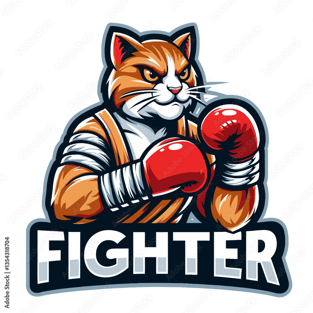 Ilustração de um gato boxeador em estilo mascote colorido, feita em formato vetorial gráfico premium, perfeito para logotipo em fundo clipart com detalhes vibrantes e energia dinâmica