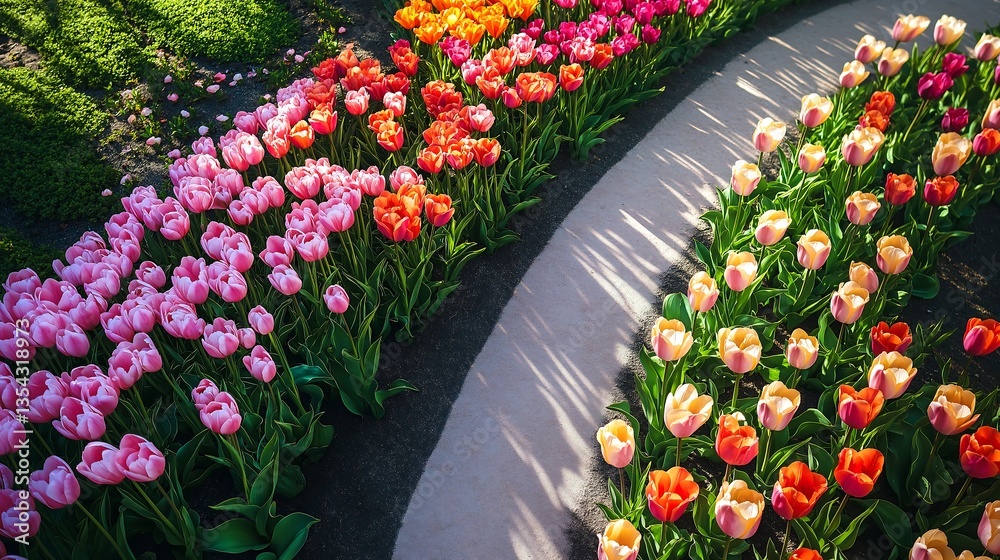 Fototapeta premium Colorful array of tulips in a spring garden path