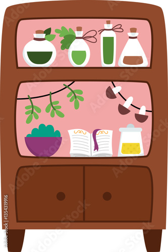 Vector fairy cupboard clipart. Cute sideboard with girl potions, mushrooms, spell book. Woodland princess closet with clothes clipart. Fantasy kitchen item illustration. Magic fairytale furniture