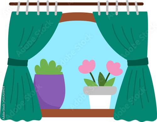 Vector flat window clipart. Cute house interior object with curtains, flower pots. Fairy house item illustration. Magic or fairytale home part element