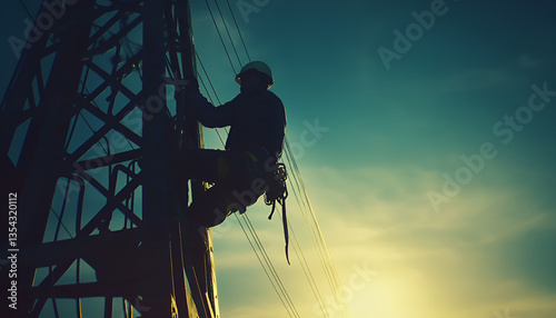 With a futuristic network overlay illustrating the links between power systems, a maintenance engineer works on a high-voltage transmission tower