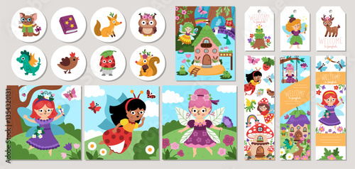 Cute fairy cards set with elf, dwarf, houses, unicorn, dragon, fairytale creature. Vector woodland princess square, round, vertical print templates. Cute fantasy forest design for tags, postcards