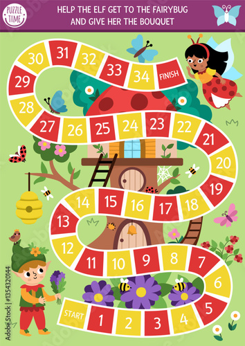 Woodland fairy dice board game for children with magic forest background. Fairytale princess boardgame.  Tabletop activity, printable worksheet for kids. Help elf get to fairy bug
