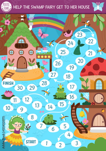 Woodland fairy dice board game for children with magic forest background. Fairytale princess boardgame.  Tabletop activity, printable worksheet for kids. Help swamp girl get to house
