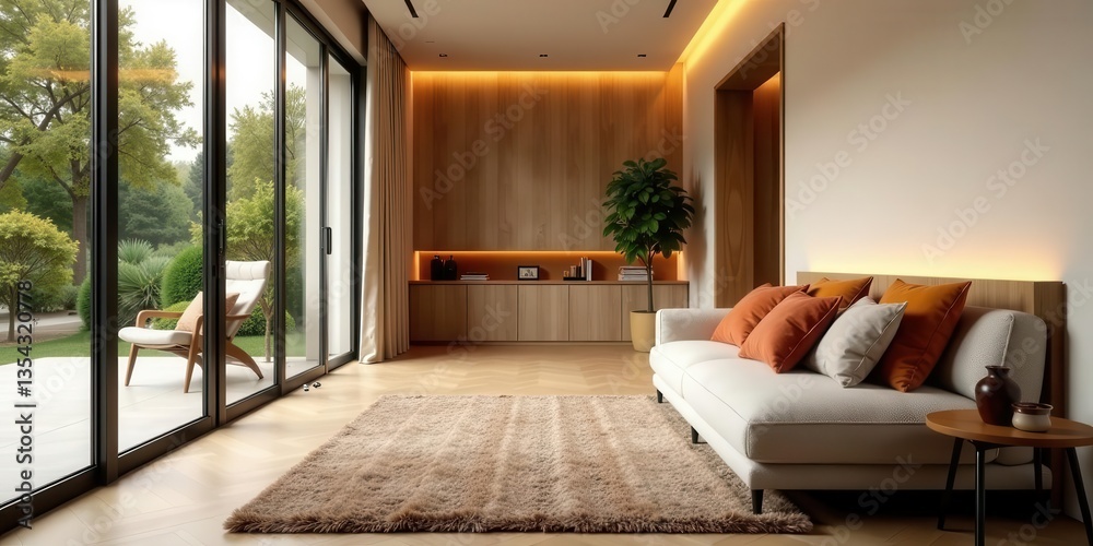 Fototapeta premium Modern living room interior design with minimalist furniture and calming earth tones