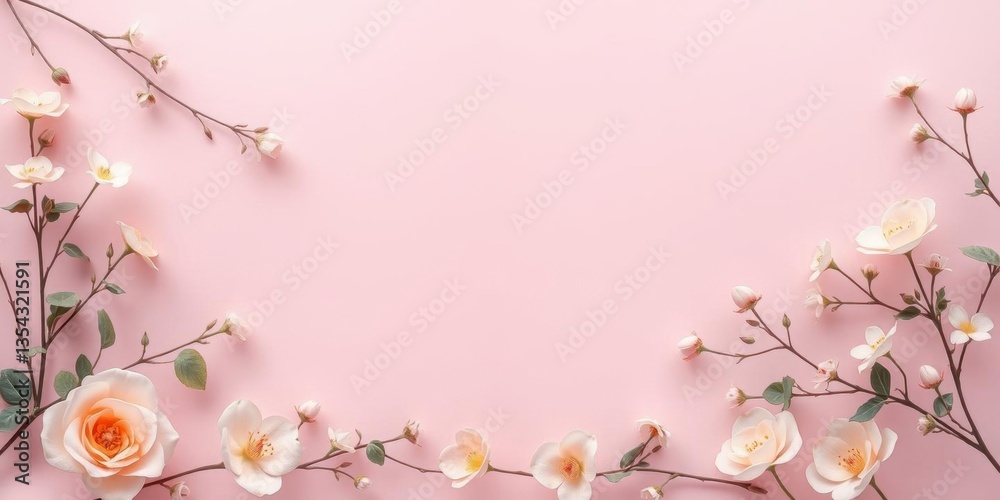Fototapeta premium Delicate Pink Flowers Frame Spring Blossom Floral Border Wedding Romance Feminine Pastel Background