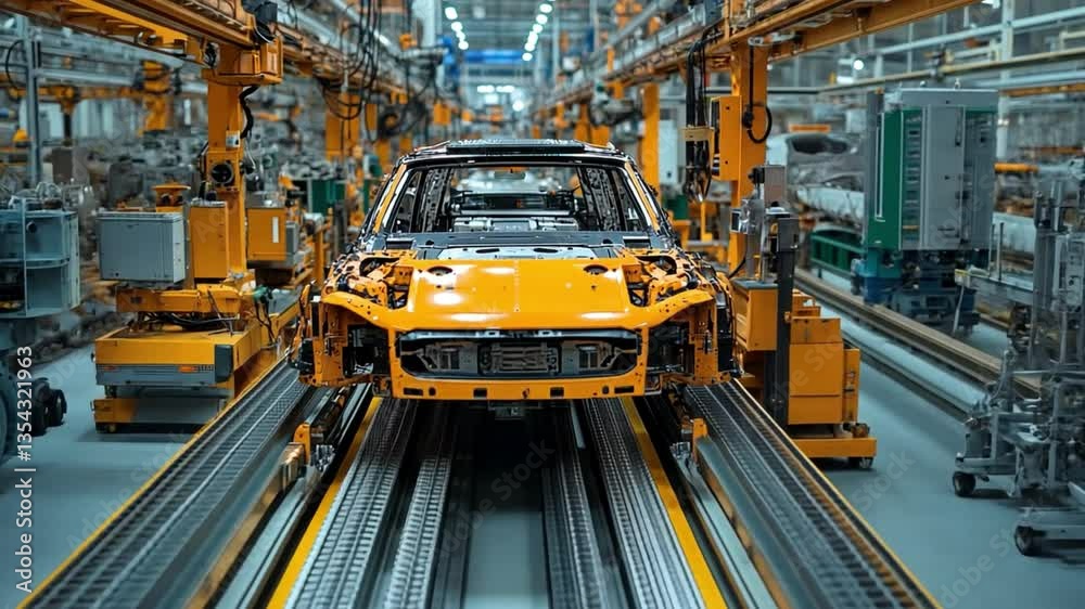Automated Assembly Line: An eye-level perspective of an automotive production line showcasing a vehicle chassis in a factory environment, illuminated by artificial lighting Automated Assembly Line: An eye-level perspective of an automotive production line showcasing a vehicle chassis in a factory environment, illuminated by artificial lighting