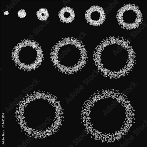 A series of circles with varying sizes and shapes. The circles are all white and appear to be scattered across the image. Scene is one of chaos and disorder, as the circles seem to be randomly placed