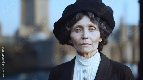 AI-generated facial reconstruction of Emmeline Pankhurst in her later years, based on iconic 20th-century images.   photo
