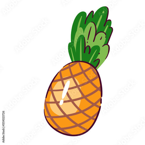 Pineapple fruit sticker. Doodle cartoon tropical fruit pineapple trendy style, vector illustration