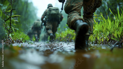 Soldiers walking through muddy path in dense forest during rain