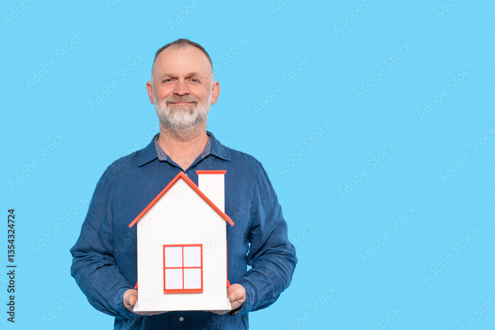 Man smiles while holding miniature house model against a bright blue background in cheerful setting Man smiles while holding miniature house model against a bright blue background in cheerful setting