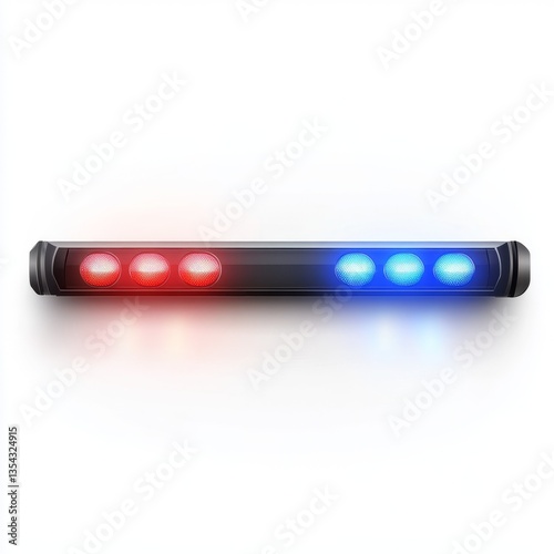 Flat design police light bar vector, alternating red and blue lights, metallic gray base, smooth clean lines, sharp edges, isolated on a white background, professional and modern.