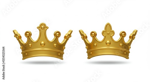 Two Golden Crowns Isolated on White Background for Royalty Concept
