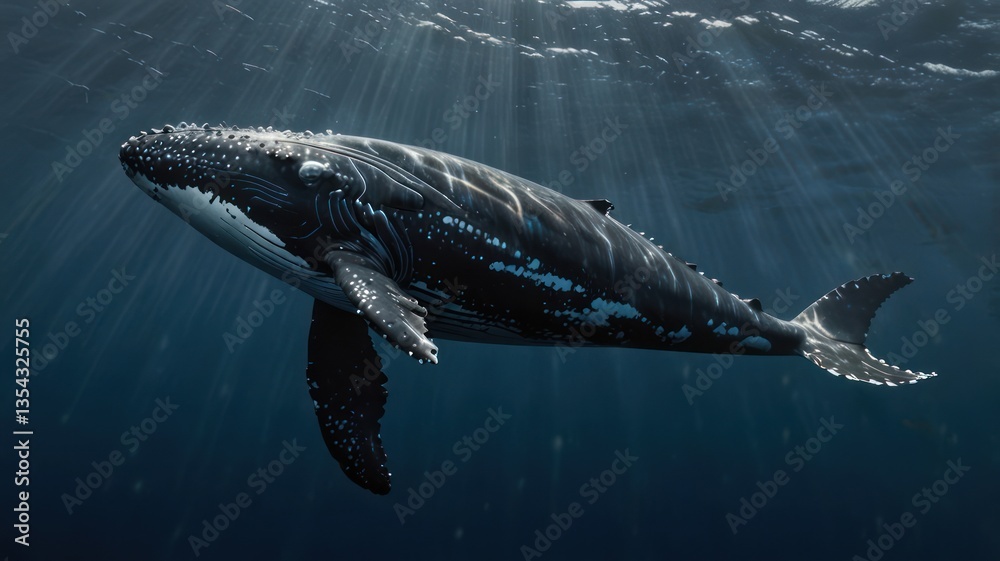 Fototapeta premium Whale swimming underwater, sunbeams