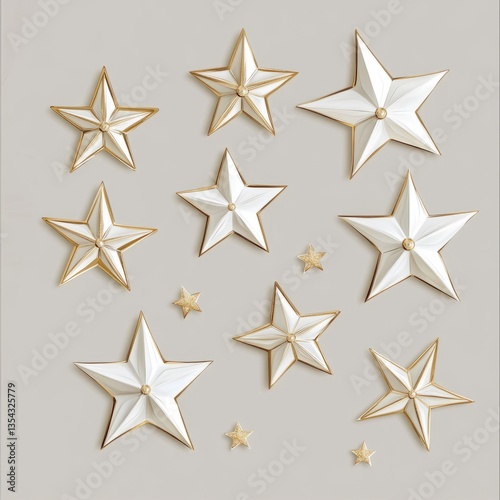 Flat design sparkle stars vector illustration, crisp white tones with golden accents, smooth lines, scattered arrangement, isolated on a blank background, simple and bright.