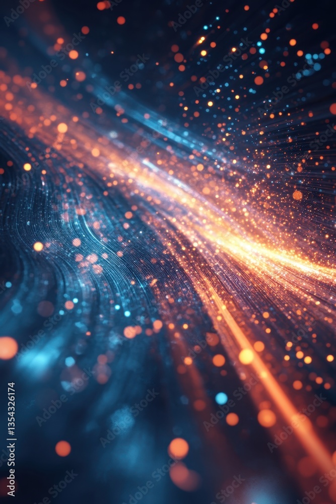 Fototapeta premium Cosmic Flow: An abstract artwork depicts a dynamic flow of energy with orange and blue hues, resembling a digital stream of data or celestial phenomenon. The image captures movement, energy.