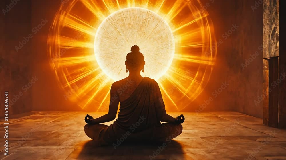 Silhouette of enlightened Buddha meditating with an energy portal emitting bright light