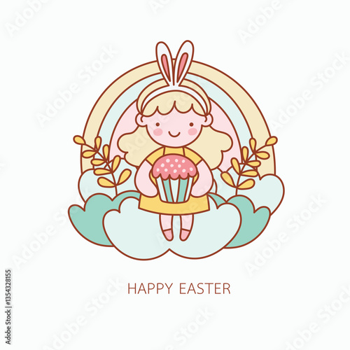 cheerful outline of girl in nursery setting holding cupcake under rainbow, perfect for Easter celebrations