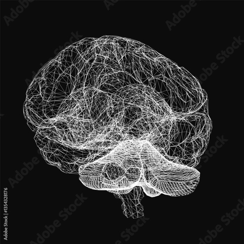 A brain with a lot of lines and dots. The brain is white and the background is black