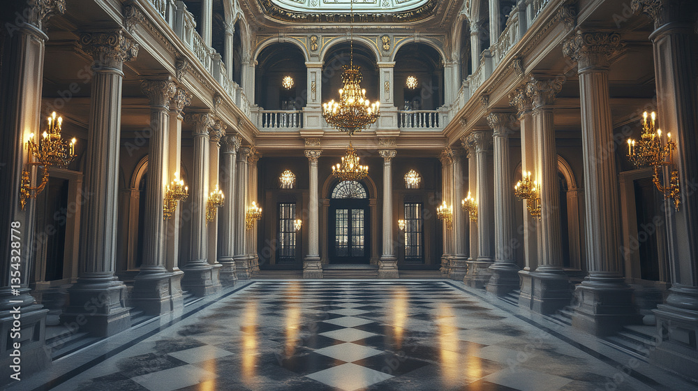 Fototapeta premium Grand hall with chandeliers and Corinthian columns, elegant atmosphere