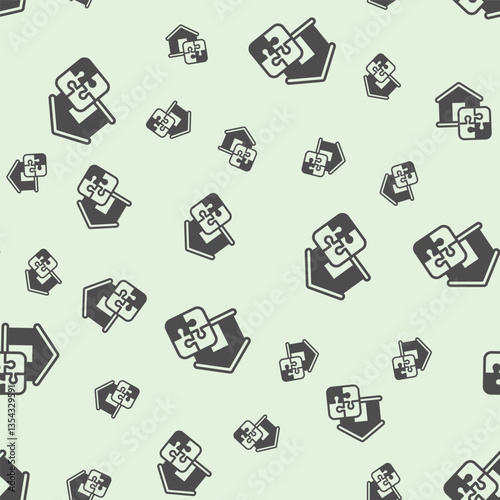 Home house and puzzle solid seamless pattern, remote work theme. Vector graphics. Cottage building with puzzle piece, logic game sign background, filled with glyphs icon.
