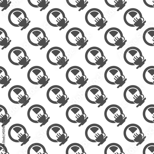 Hot coffee cup and clock solid seamless pattern, remote work theme. Vector graphics. Coffee break timer sign with background, repeat glyph icon.
