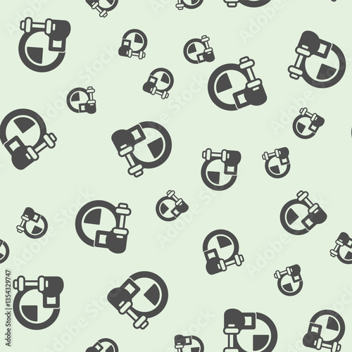 Dumbbell pair and clock solid seamless pattern, remote work theme. Vector graphics. Sport club timer sign background, filled with glyphs icon.