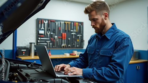 Man using laptop in workshop with tools on wall
