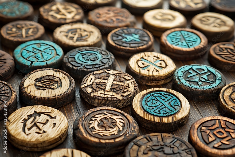 Intricate Carved Wooden Discs with Symbolic Designs. A Collection of Handcrafted Wooden Tokens Featuring Unique Patterns and Textures.