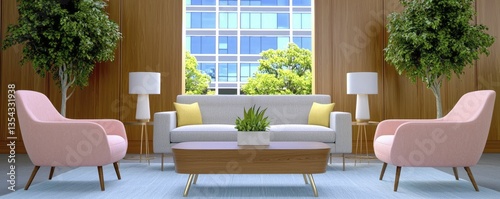 Showcase a modern lounge area featuring minimalist seating and a central coffee table, fostering relaxed discussions among colleagues.