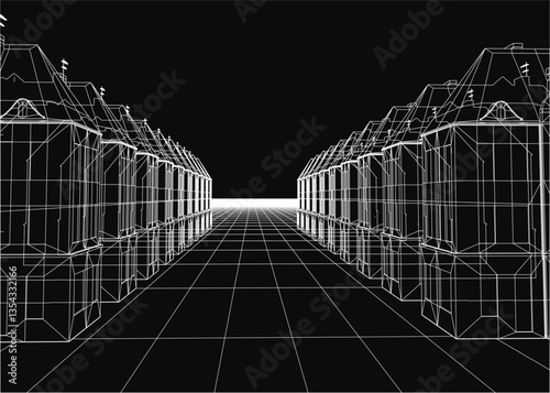 A black and white illustration of a street with a row of houses. The street is empty and the houses are all lined up
