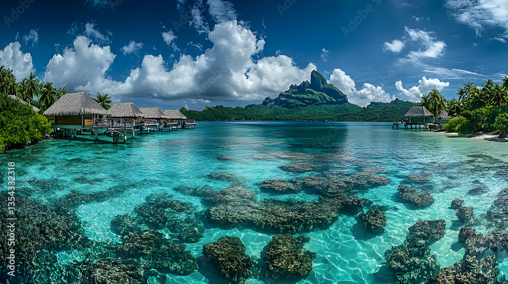 Fototapeta premium Luxury Overwater Bungalows in Tropical Paradise: An Idyllic Getaway