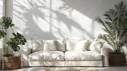 White sofa in bright living room with plants and sunlight shadows.