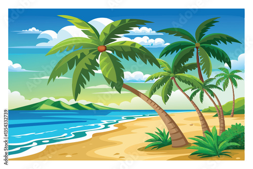Tropical Paradise Illustration: A vibrant illustration showcases a beautiful tropical beach scene with palm trees, serene ocean and inviting blue sky, capturing the essence of a dream vacation.