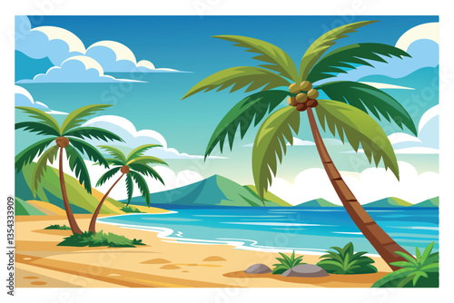 Island Paradise: Tropical palms frame a view of a pristine beach and turquoise ocean, inviting viewers to escape to a vacation destination.