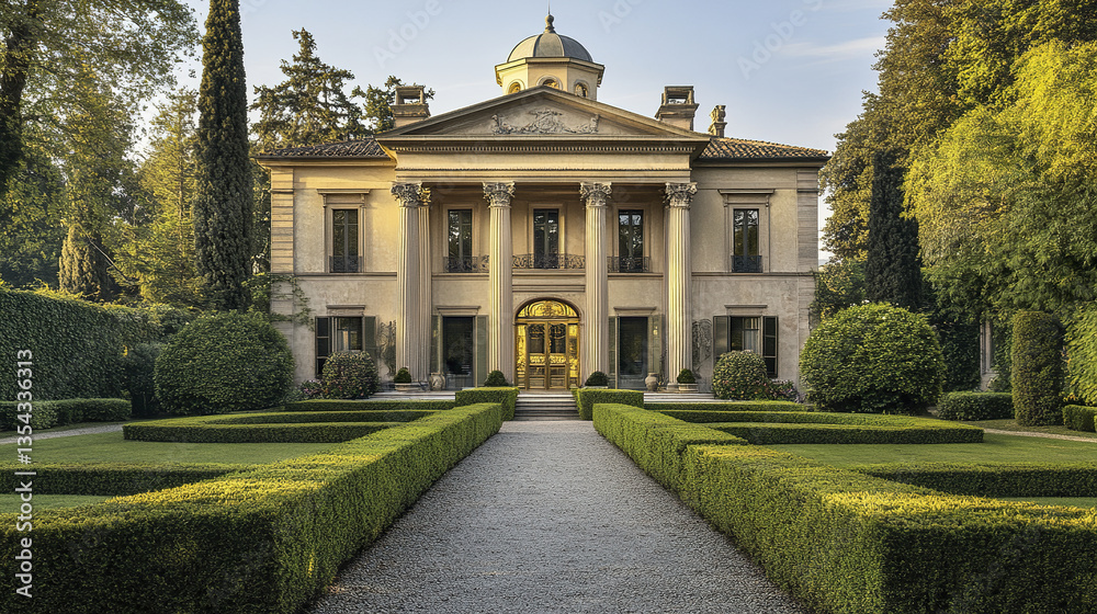 Fototapeta premium Elegant Palladian villa with Corinthian columns and manicured gardens