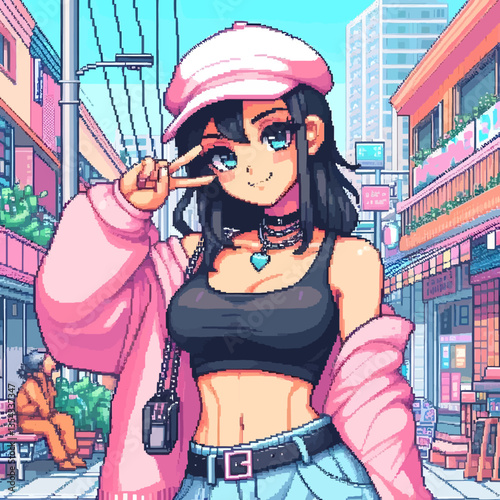 Ilustración de chicas de Miami al estilo de los 90: estampado vintage de píxeles y gráficos vectoriales EPS10. Colores vivos, atmósfera retro, emblema con diseño nostálgico inspirado en una era donde 