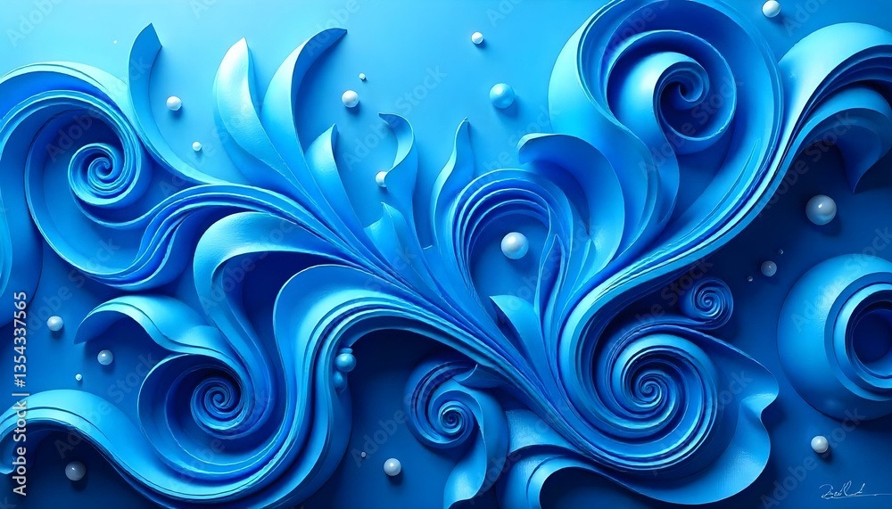 A digital artwork featuring a complex arrangement of swirling, layered shapes in a monochromatic blue color scheme A digital artwork featuring a complex arrangement of swirling, layered shapes in a monochromatic blue color scheme
