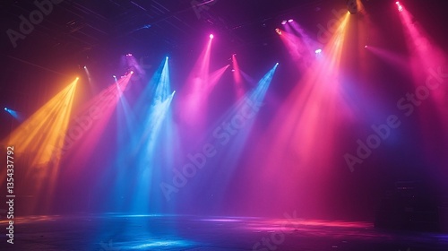Colorful stage lighting with haze and beams.