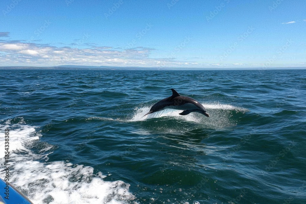 Fototapeta premium A dolphin leaps out of the water against a backdrop of clear blue skies and ocean waves, creating a dynamic moment in nature.