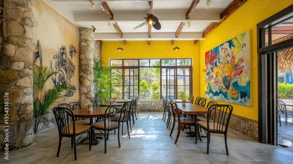 Naklejka premium Tropical restaurant interior with bright yellow walls and colorful art