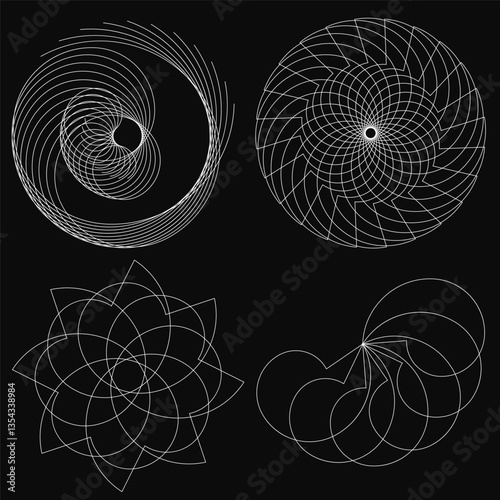 Four different abstract shapes are shown in black and white. The shapes are all different sizes and have varying degrees of complexity. Scene is one of simplicity and minimalism