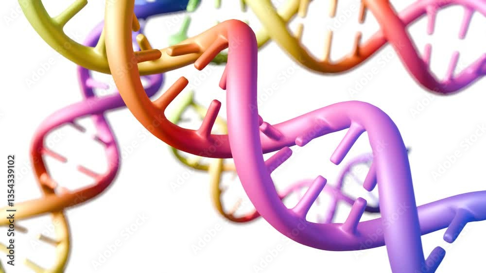 A 3d animation of stylized DNA double helix with a rainbow color gradient against white background A 3d animation of stylized DNA double helix with a rainbow color gradient against white background