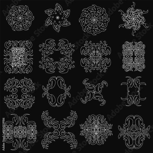 A collection of black and white images of various shapes and sizes. The images are all abstract and seem to be inspired by nature. The overall mood of the images is serene and calming