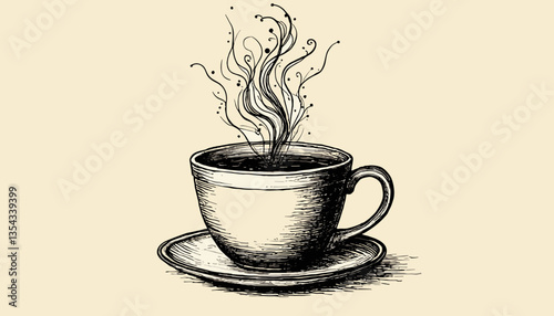 Vector illustration of a steaming cup of coffee on a saucer with elegant swirls