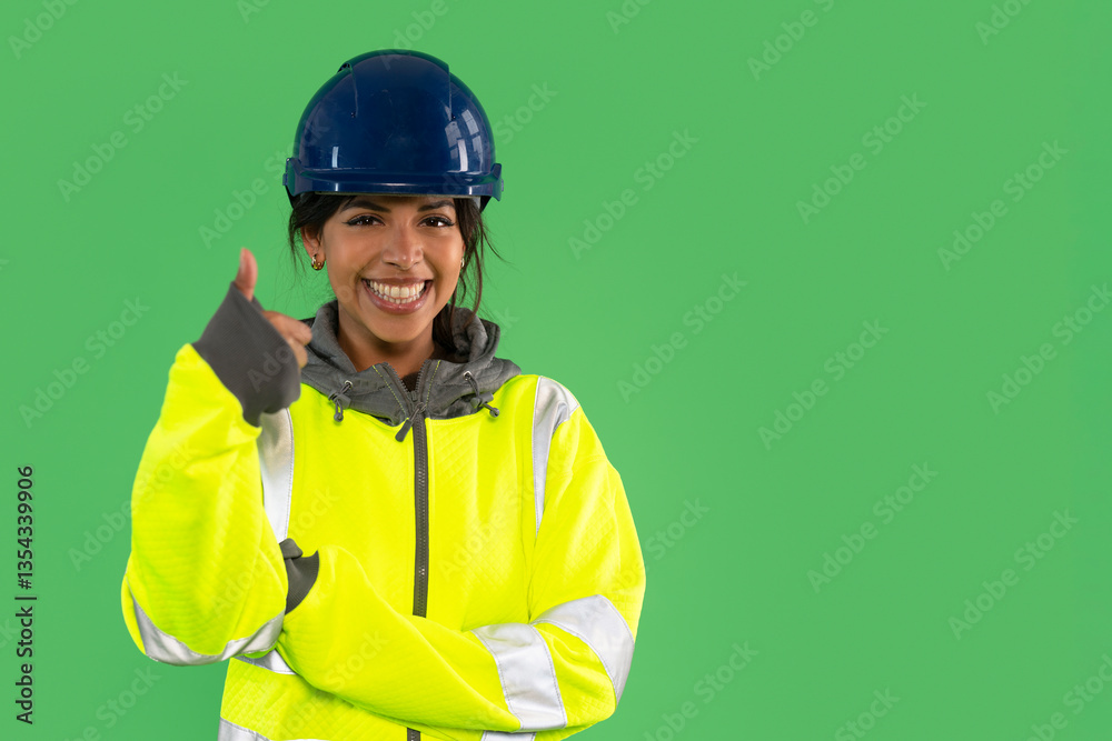 Fototapeta premium Brightly dressed construction worker smiling and giving a thumbs up in front of a green screen representing safety and positivity in the workplace